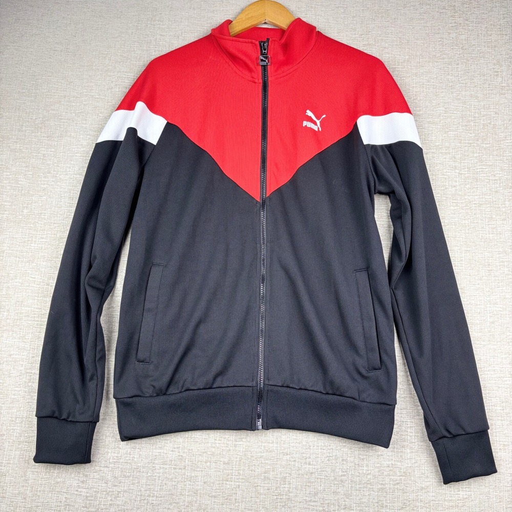 Puma Mens Track Jacket Red Black White Colorblock Full Zip Sportswear Size M
